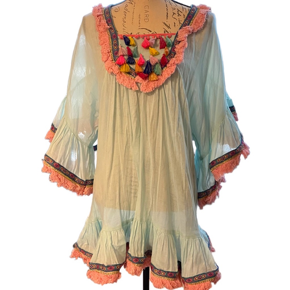 Happy Island Greek Resort Collection Mini Dress. One Size. Baby Blue 100% Cotton